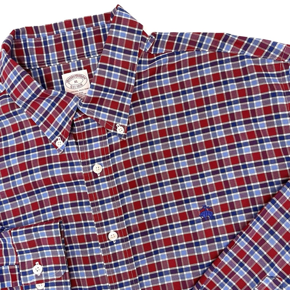 Brooks Brothers Men's Plaid Long Sleeve Button Down Red Navy XL